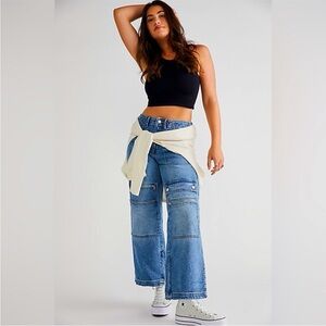 Free People CRVY Under Construction Utility Jeans Sz 32 Cargo Baggy Double Knee